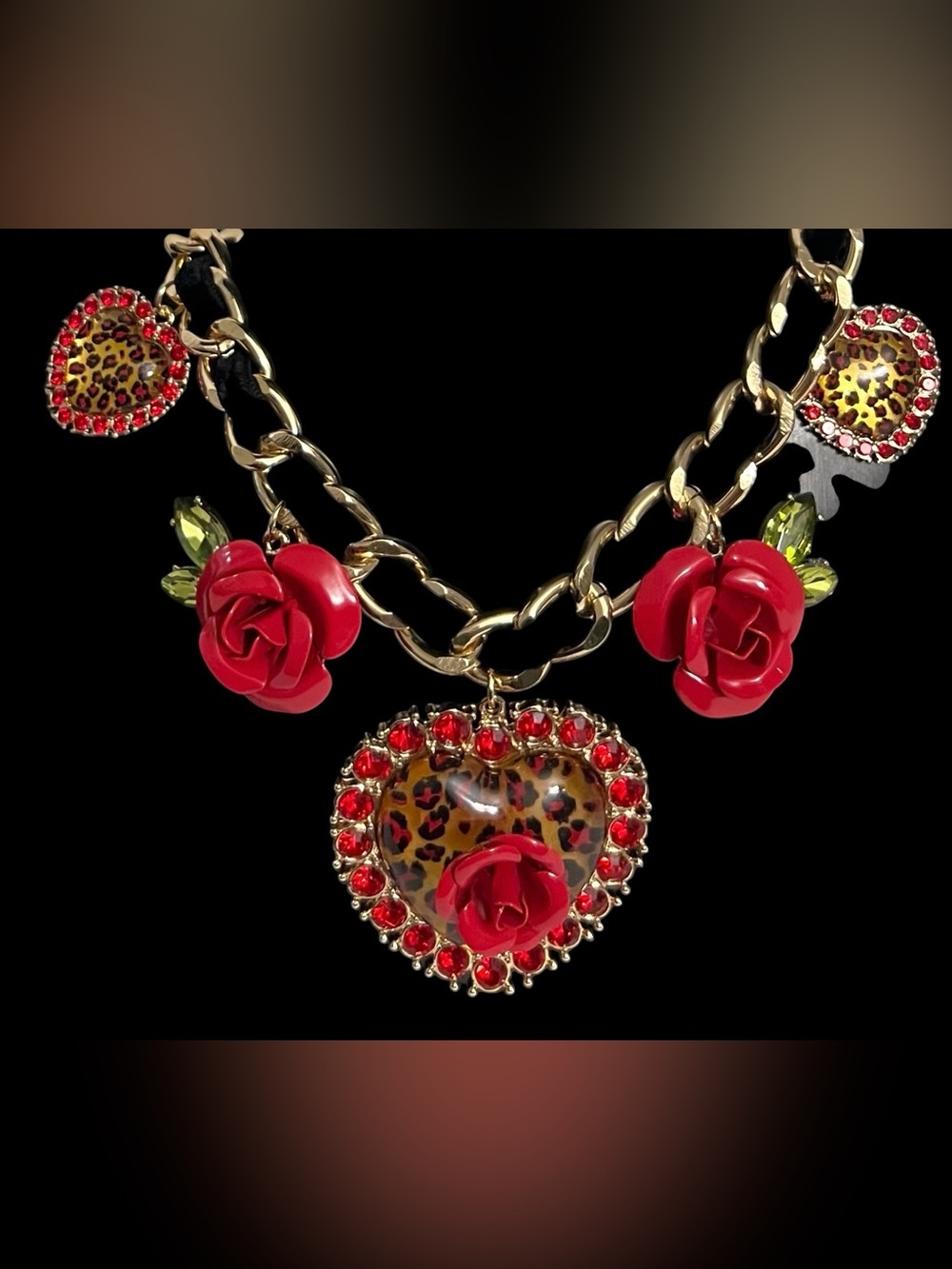 Betsey Johnson Gold-Tone Chain Necklace with Red Roses and Leopard Heart - Picture 5 of 16